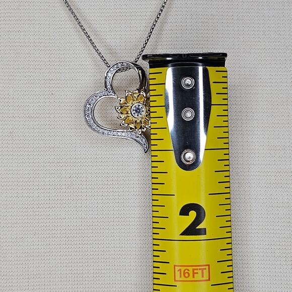 Sunflower Heart Necklace Silvertone Goldtone Clear Rhinestones Appx 21 inches - Picture 5 of 7